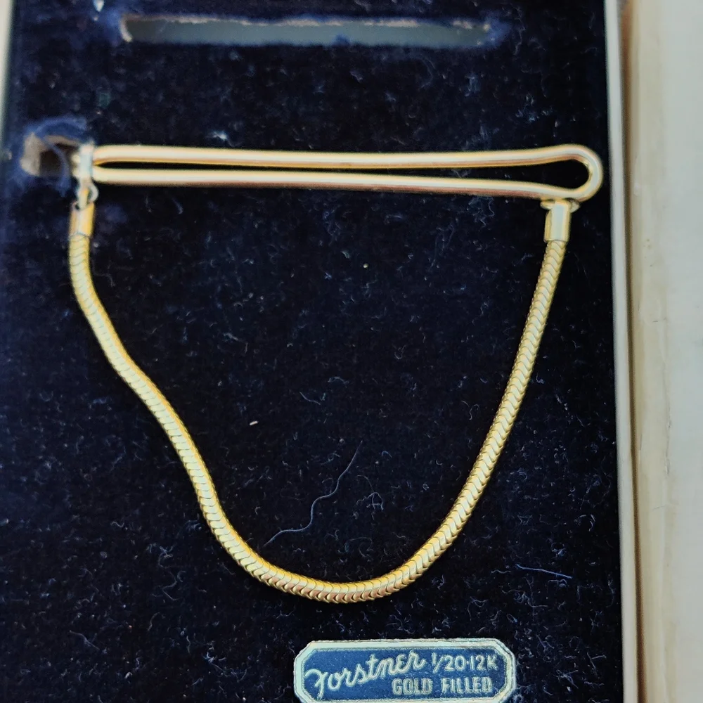 NIB Vintage men's Forstner 12k GF Tie bar with snake chain